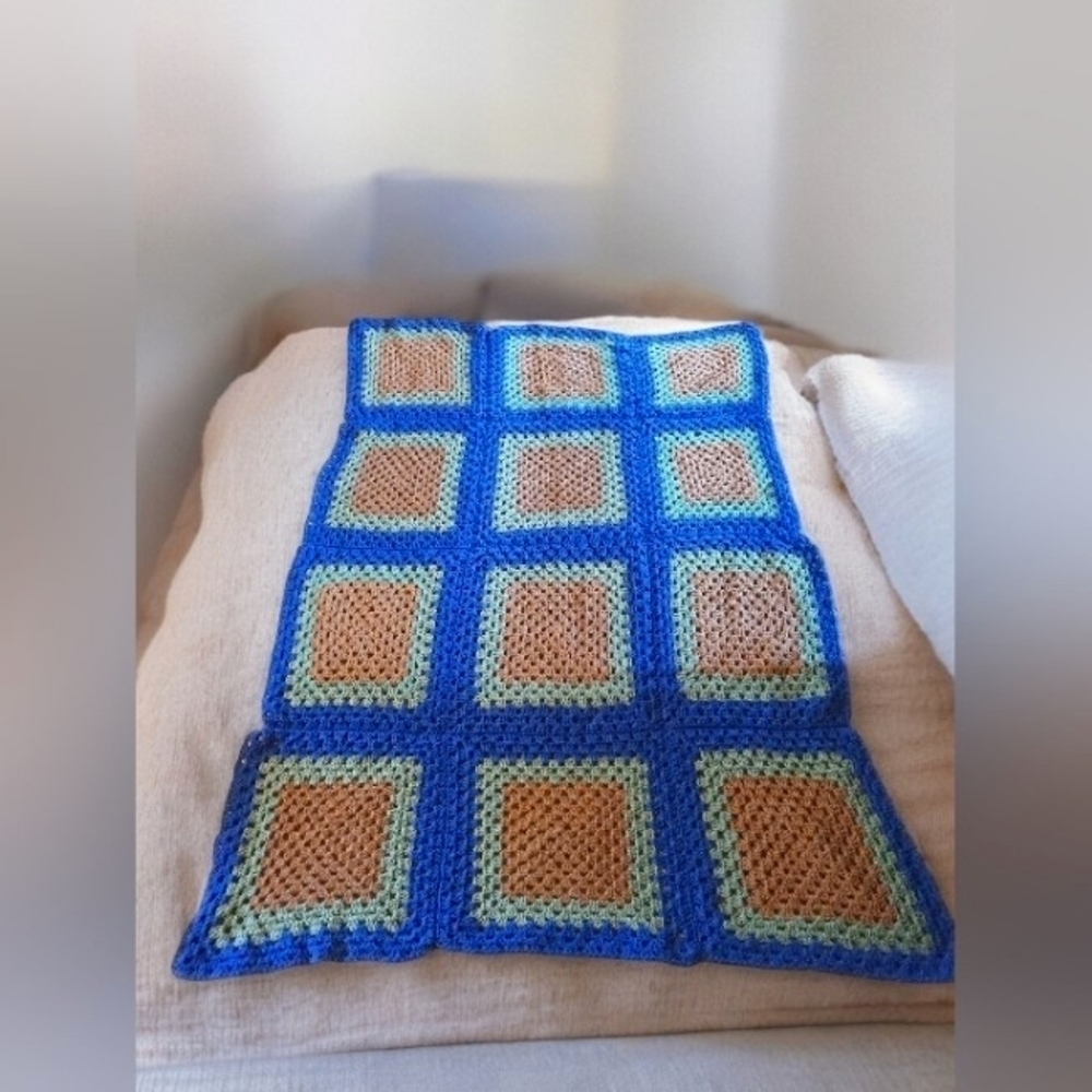 Vintage Square Block 70s Hippie Handmade Crochet Throw Boho Afghan Blanket